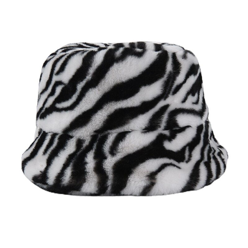 Dames vintage luipaard zebra print bucket hat winter fuzzy pluche visserspet 28gd: 6 ee 302862- a