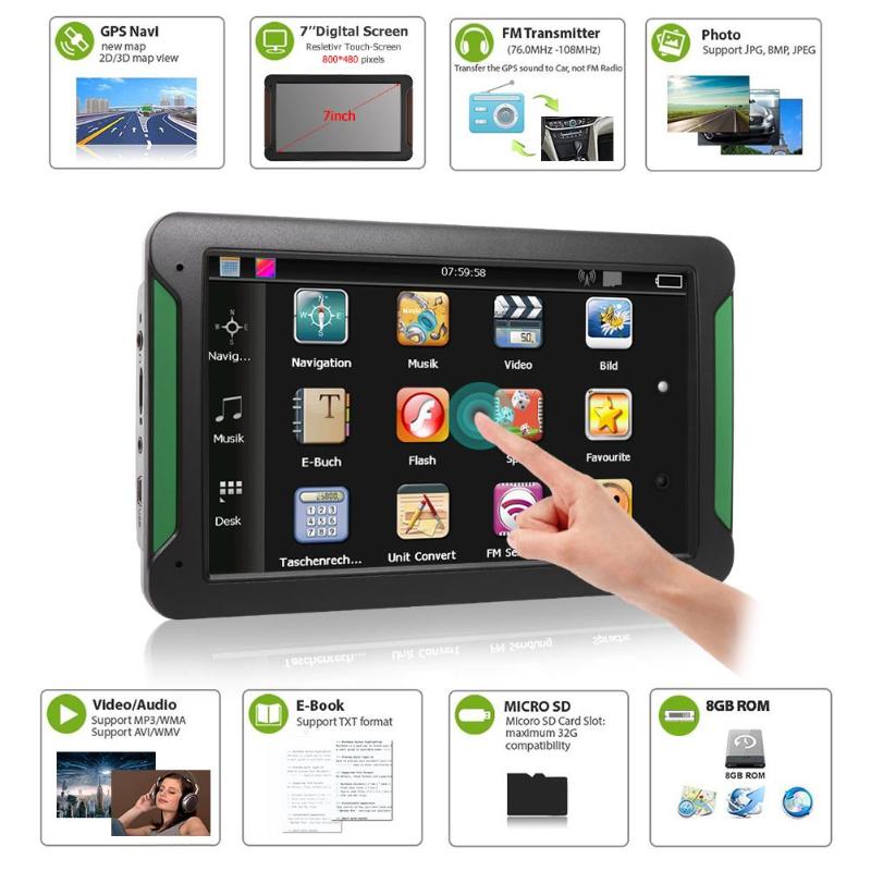 7 inch Touch Screen Car Truck GPS Navigation 128MB+8GB RAM Multi Language Rechargeable GPS Tourist Navigator With Maps