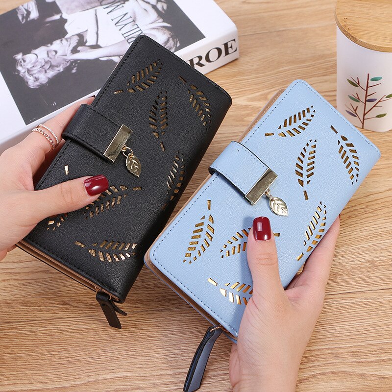 Women Wallet Leather Purse Female Long Wallet Hollow Leaves Pouch Handbag For Ladies Coin Purse Card Holders Clutch