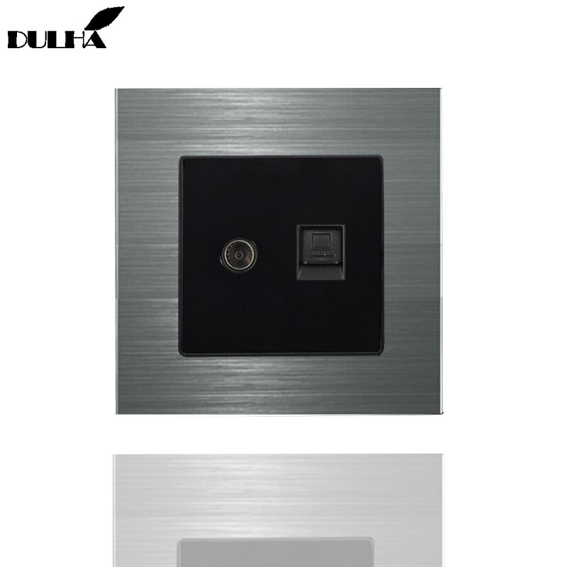 Computer ethernet & fjernsyn vægstik satin metal panel elektrisk  rj45 data internet netværk + tv antenne jack koaksial stikkontakt