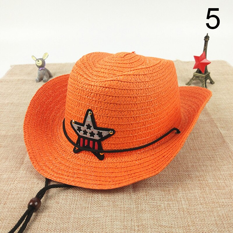 Børns cowboyhat sommer stråhat drenge og piger fem-spids stjerne patch solhat søde børns strand visir hat: 5