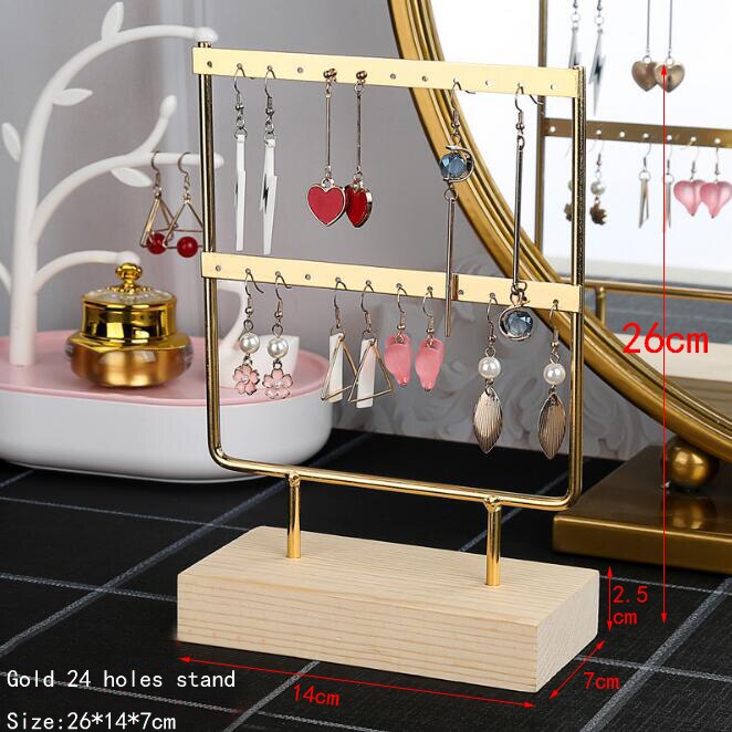 Earrings Stand Jewelry Display Earrings Holder Jewellery Storage Wooden Base Metal Ear Studs Pendant Rack: gold 24 holes