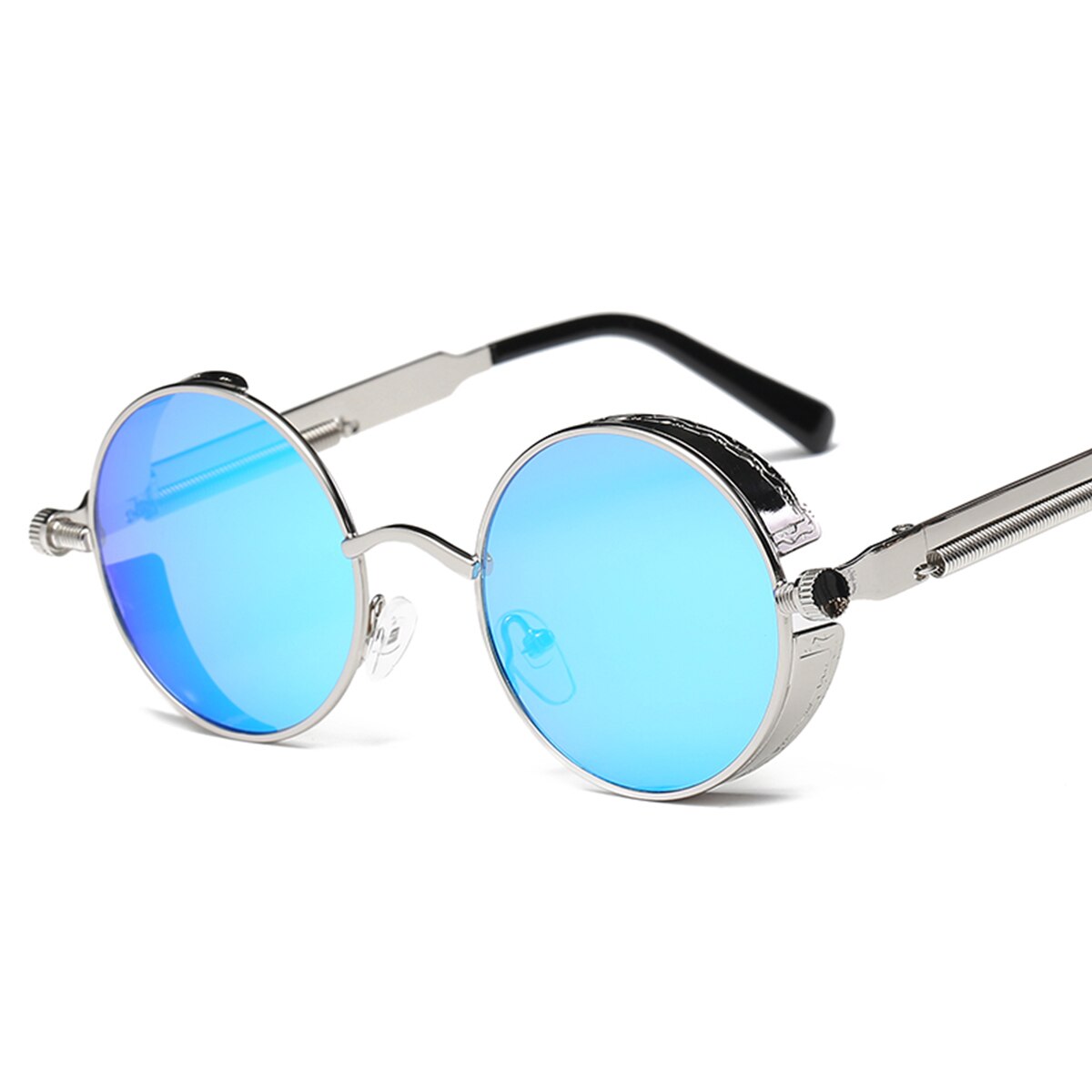 Retro steampunk stil vandrebriller rundt linse metalramme vintage briller mærke mandlige briller kørsel: Sølv-isblå linse