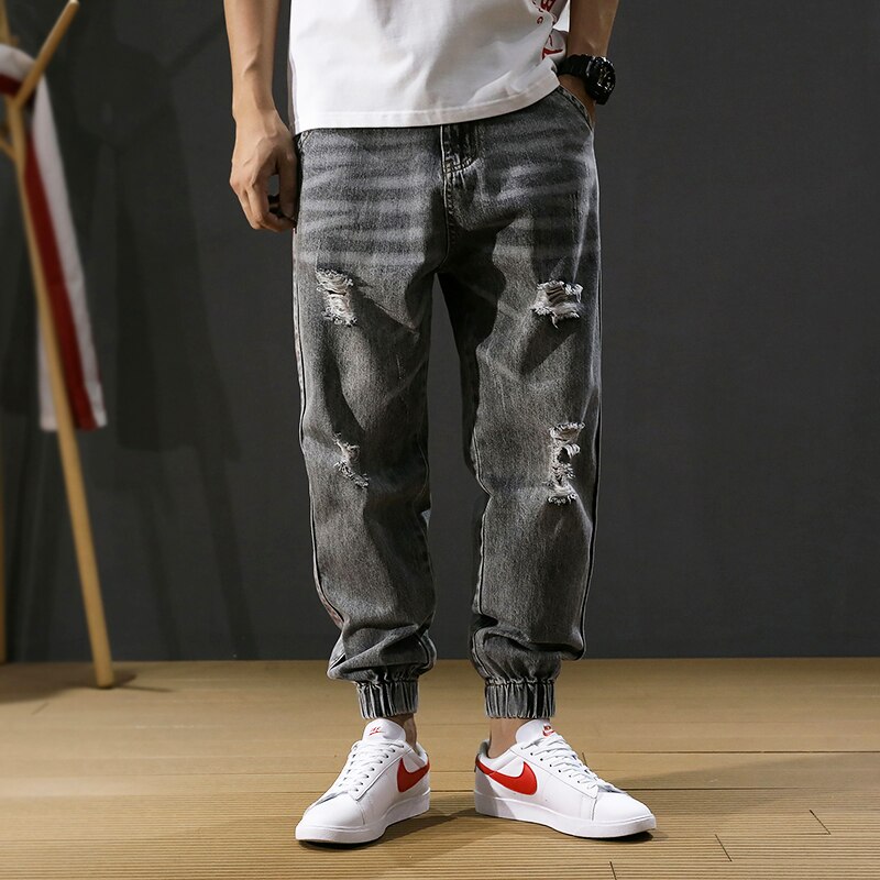 Style japonais hommes jean rayé concepteur coupe ample détruit déchiré Harem jean hommes Cargo pantalon Streetwear Hip Hop jean