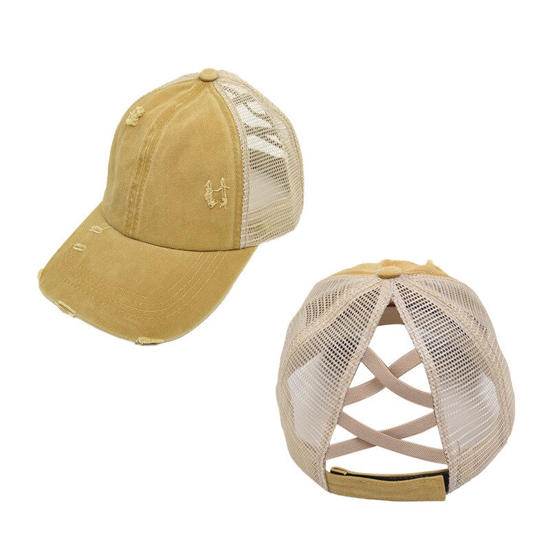 Verstelbare outdoor sport gat casual criss cross paardenstaart mesh zonnehoed reizen magische sticker baseball pet unisex zomer