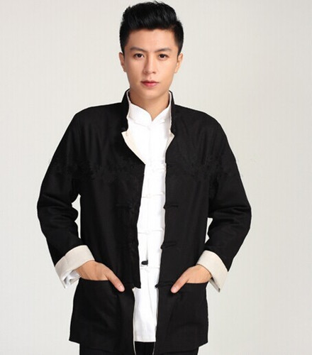 Style chinois Tang costume haut Vintage lin deux veste latérale pour hommes uniformes d'arts martiaux