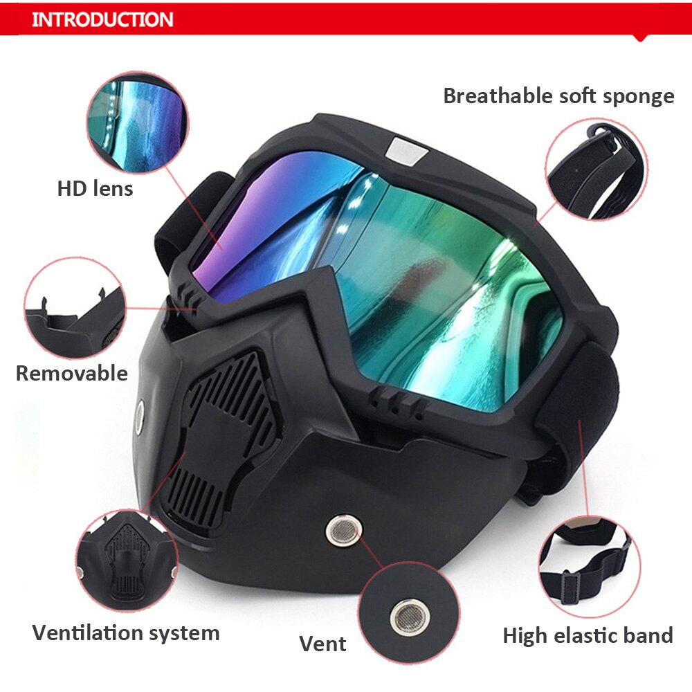 Motorcykel briller motocross beskyttelsesbriller aftagelige ansigtsbriller gear briller beskyttelsesbriller maske med mundfilter til motorcykelhjelm