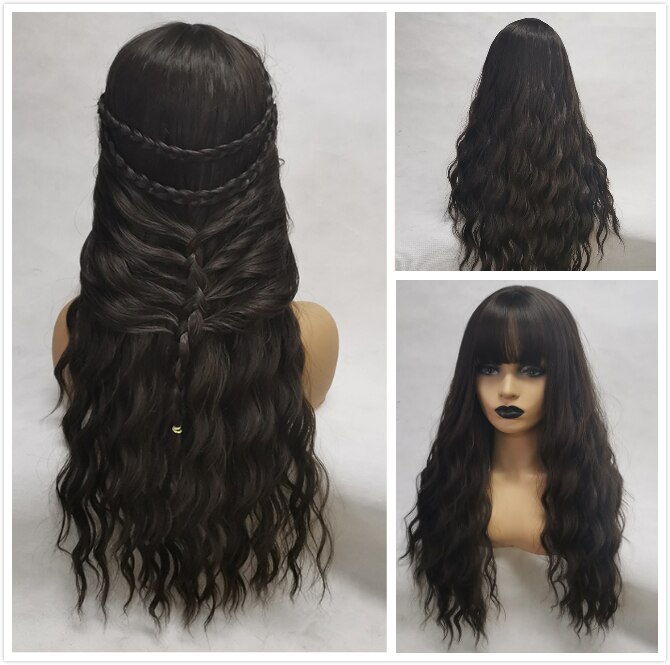Pelucas de ondas naturales ALAN EATON con flequillo negro Beige gris pelucas largo sintético para mujeres pelo de fibra resistente al calor: LC222-2