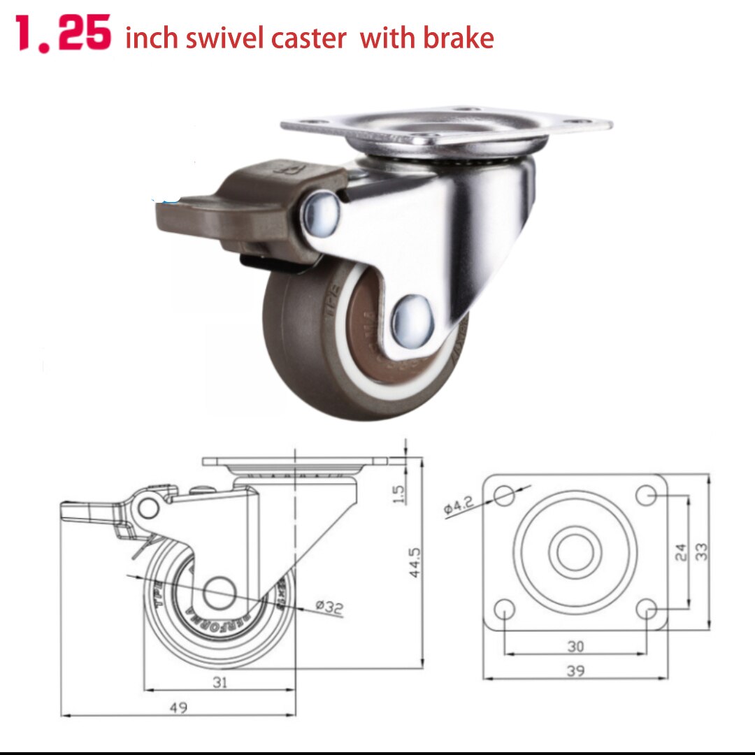 1.25inch 4PCS Swivel Casters with Brake for Furniture Soft Rubber TPE Wheels Platform Trolley Chair Household Aaccessories: swivel with brake