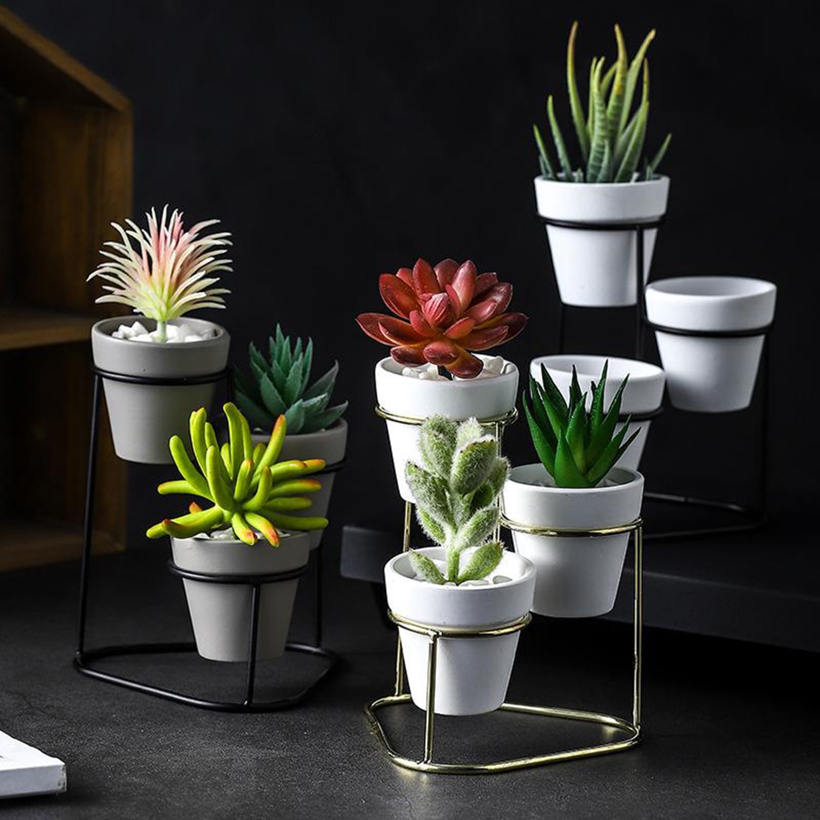 3Stck Mini Keramik Sukkulente Topf Blumentopf Pflanzer Metall Ständer einstellen Anzeige für Heimat Garten Liefert