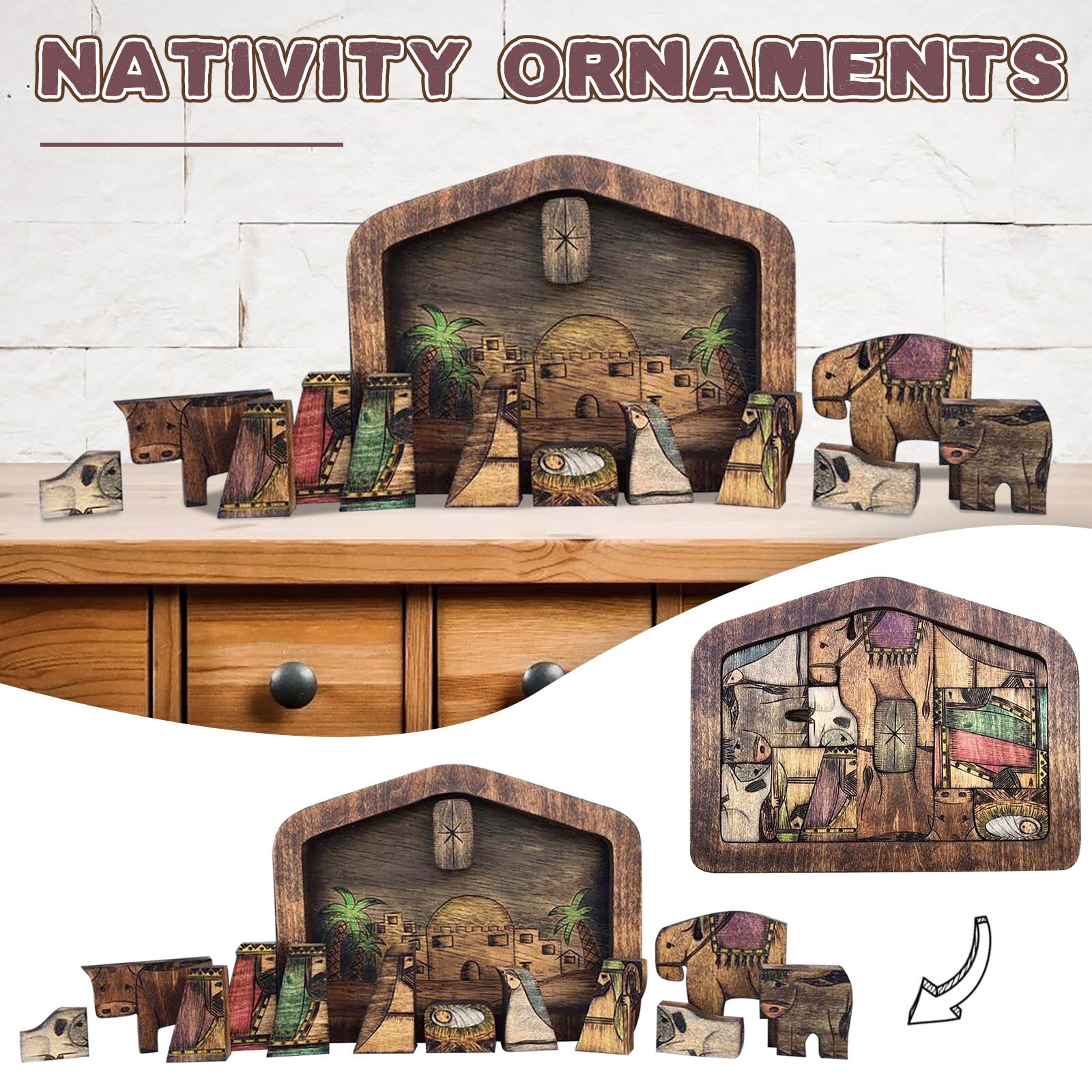 Ark Van Het Verbond Christian Decor Ornament Kerststal Puzzel Met Hout Verbrand , Houten Jesus Puzzels Spel Voor Kinderen