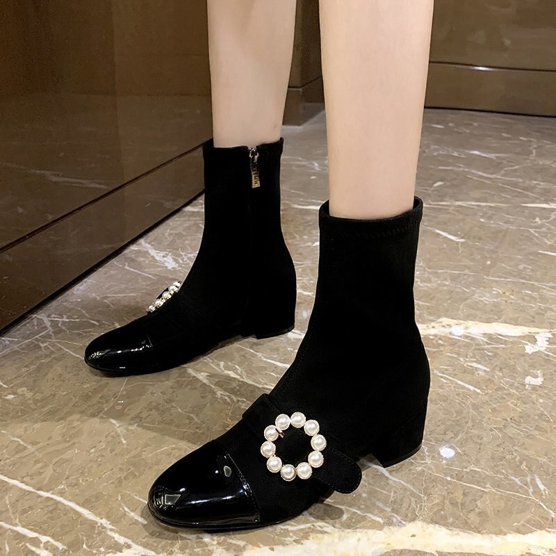Boots Ladies Woman Round Toe Platform Flats Pearl Short Boots For Women Fabric Stretch Ankle Boot Low Heel