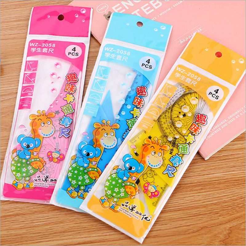 Three color optional math drawing set cartoon set ruler student four-piece giraffe drawing ruler learning stationery