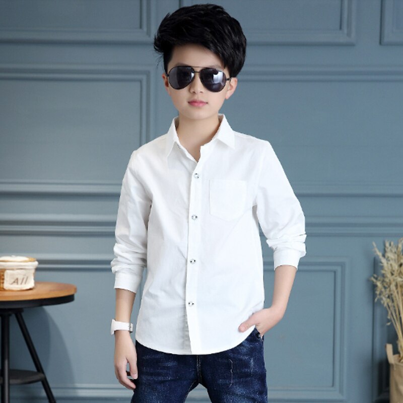 White Button Boys Shirts for School Full Sleeve Turn-down Boys Blouses Children Tops Teenager Kids Clothing Clothes Bs020