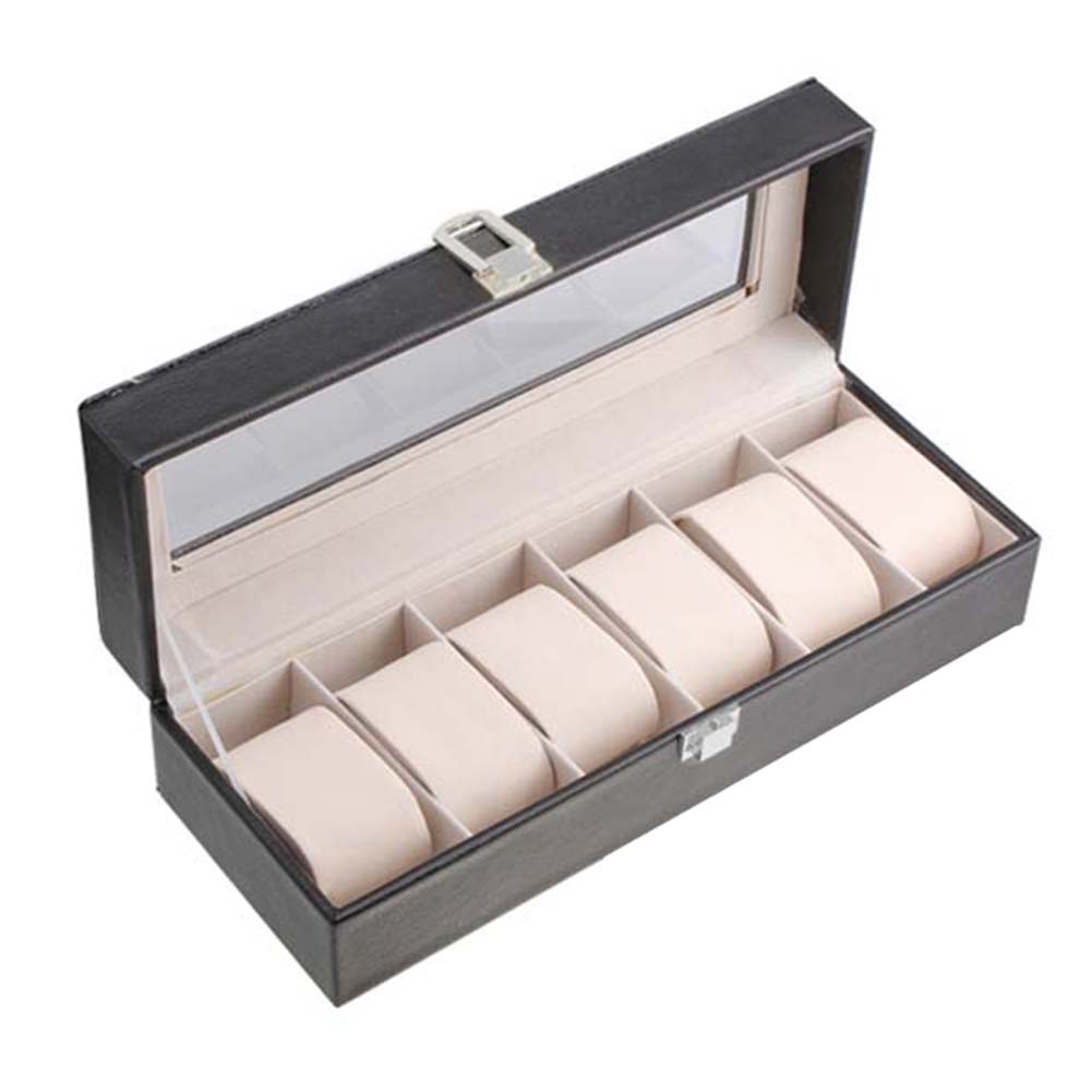 Caja de almacenamiento de cuero con 6 ranuras, organizador con ventana para relojes de pulsera LXH: Default Title