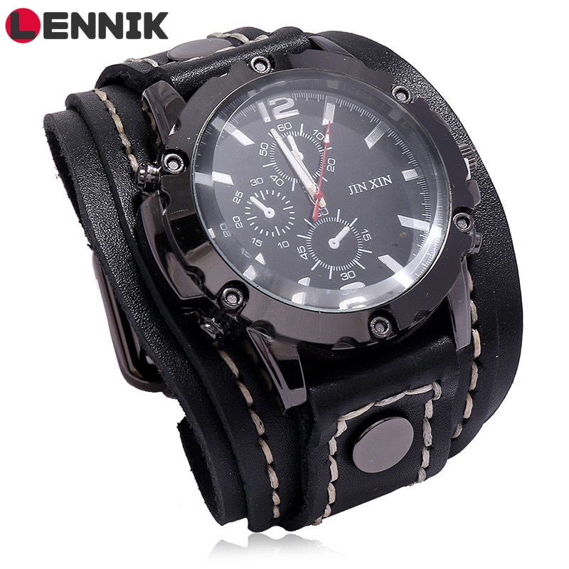 LENNIK Punk Wide Leather Bracelet Watches Black Brown Bangles
