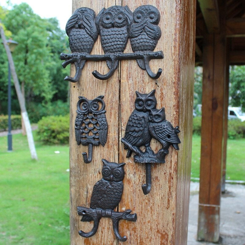 European Style Retro Cast Iron Art Hook Wall Hanging Coat Hook Owl Home Garden Decoration