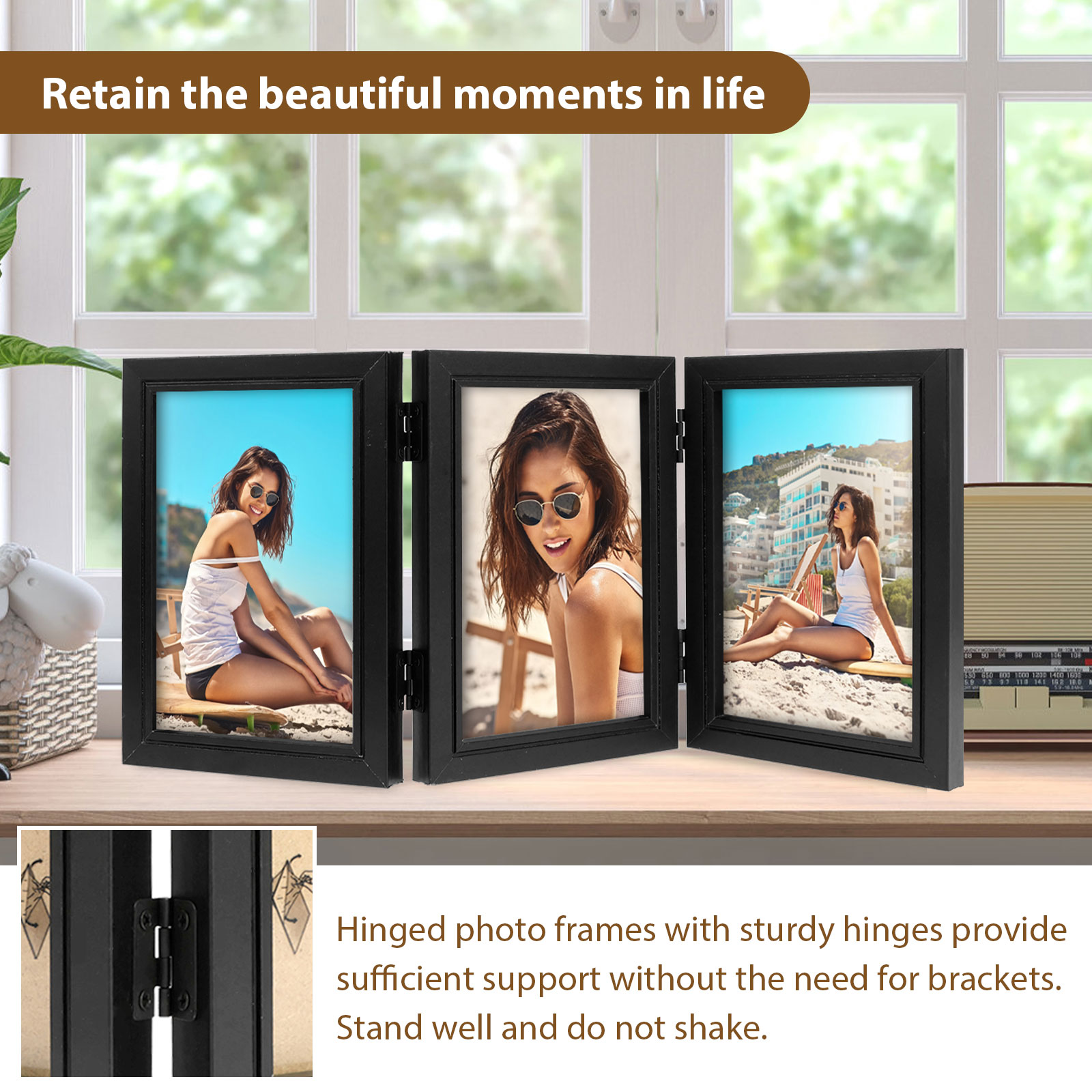 Double/Triple Photo Frame 180° Foldable Hinged Picture Frame Stand Vertically on Desktop Photo Frame with Glass Front Black