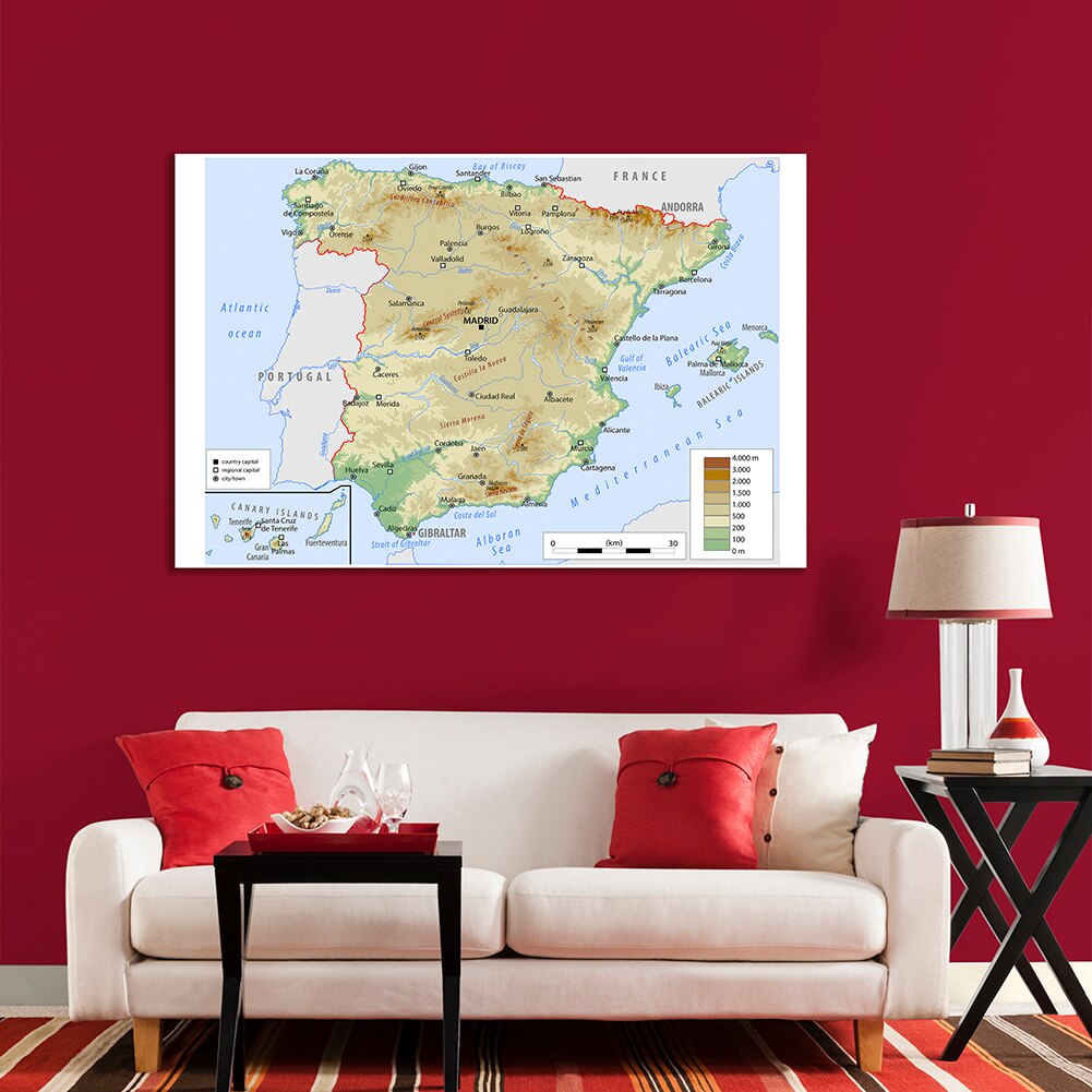 150*100 cm Map of The Spain Topographic Non-woven Canvas Painting Wall Art Poster School Supplies Home Decoration