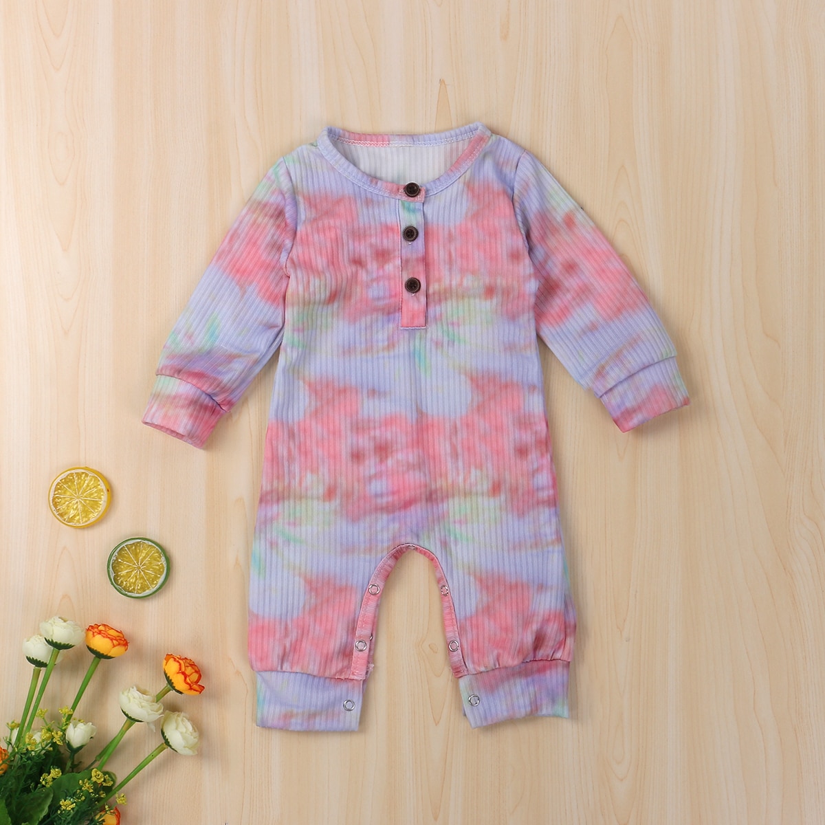 Focusnorm 0-18M Herfst Baby Meisjes Jongens Rompertjes Tie-Dye Gedrukt Lange Mouw Knop Causale Jumpsuits 2 kleuren
