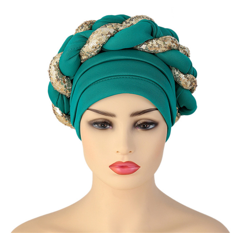 Gorro turbante trenzado de lentejuelas para mujer, tocado africano autogele: Rosa