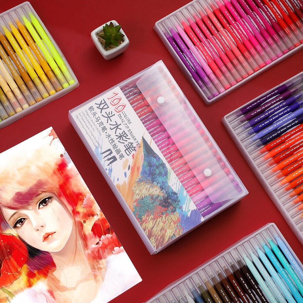 100 Stks/doos Dubbele Kop Tekening Aquarel Pen Set Student Kleur Borstel Schets Pen 0.4Mm Haak Lijn Pen Art levert