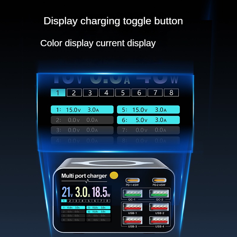 Cargador multipuerto con pantalla a color de 80 W: carga inalámbrica simultánea para teléfonos inteligentes/portátiles/tabletas