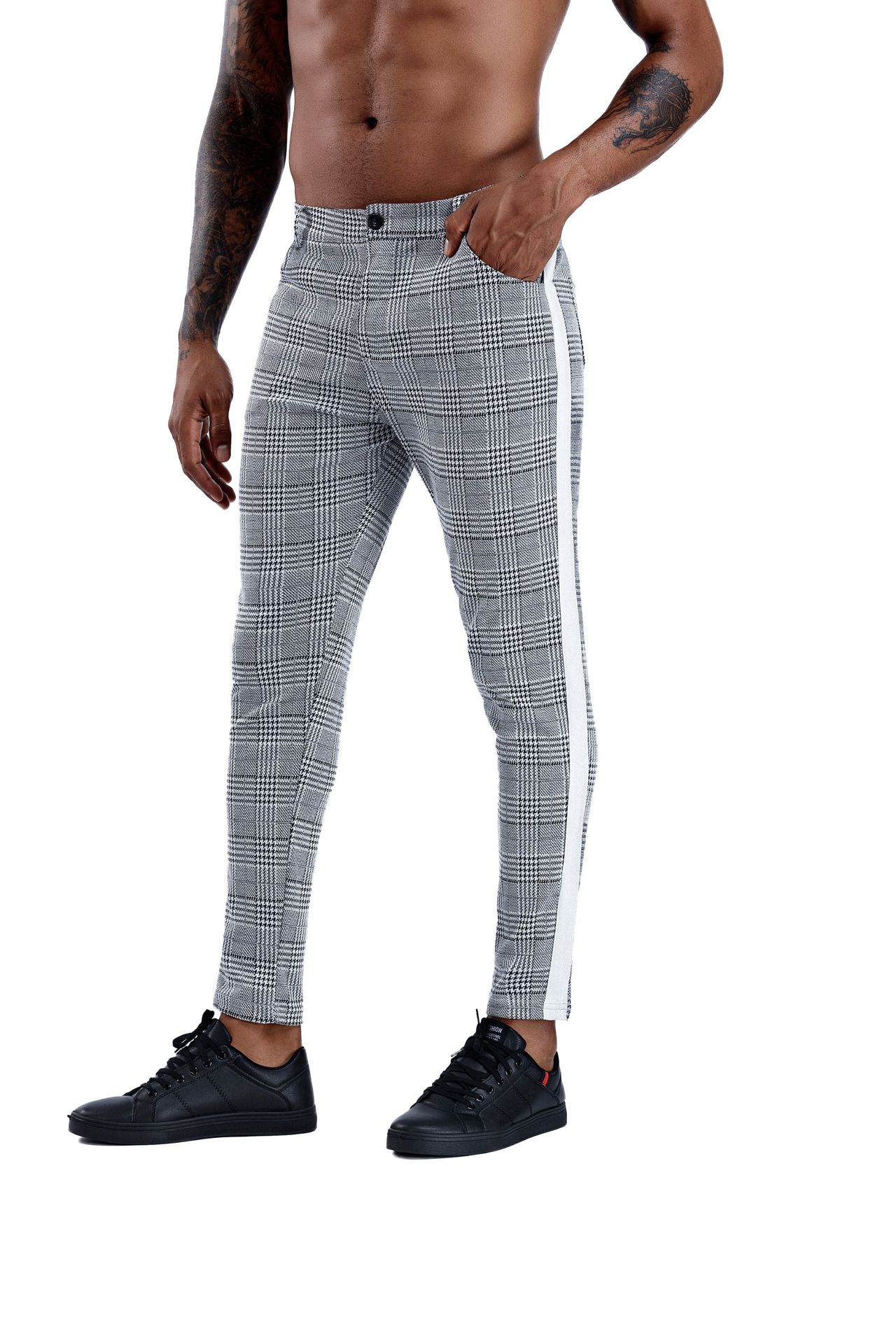 Herren Baumwolle schlank passen Hosen Dünne Chinos Jogger Hosen lässig Knöchel Länge Streetwear Plaid Seite Streifen Bleistift Hosen: 4 / XL