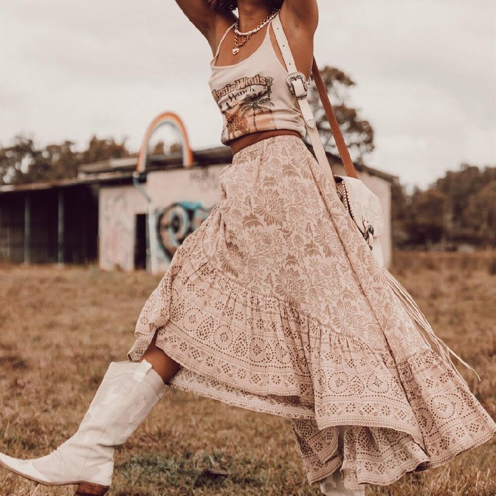 Vintage Chic Vrouwen Geel Bohemian Bloemen Gedrukt Lange A-lijn Rok Hoge Elastische Taille Geel Katoen Maxi Rokken Femme A698
