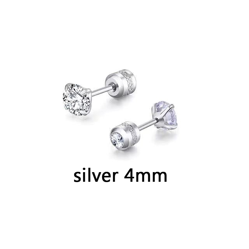 1 Pair 3-6mm Stud Earrings Set Hypoallergenic Double Round Cubic Zirconia Stainless Steel CZ Girls Women Earrings: silver 4mm