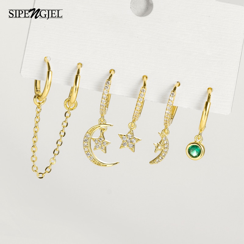 Juego de pendientes de aro de circonio cúbico a la para mujer, conjunto de pendientes de luna y estrella, joyería de boda , 6 uds.