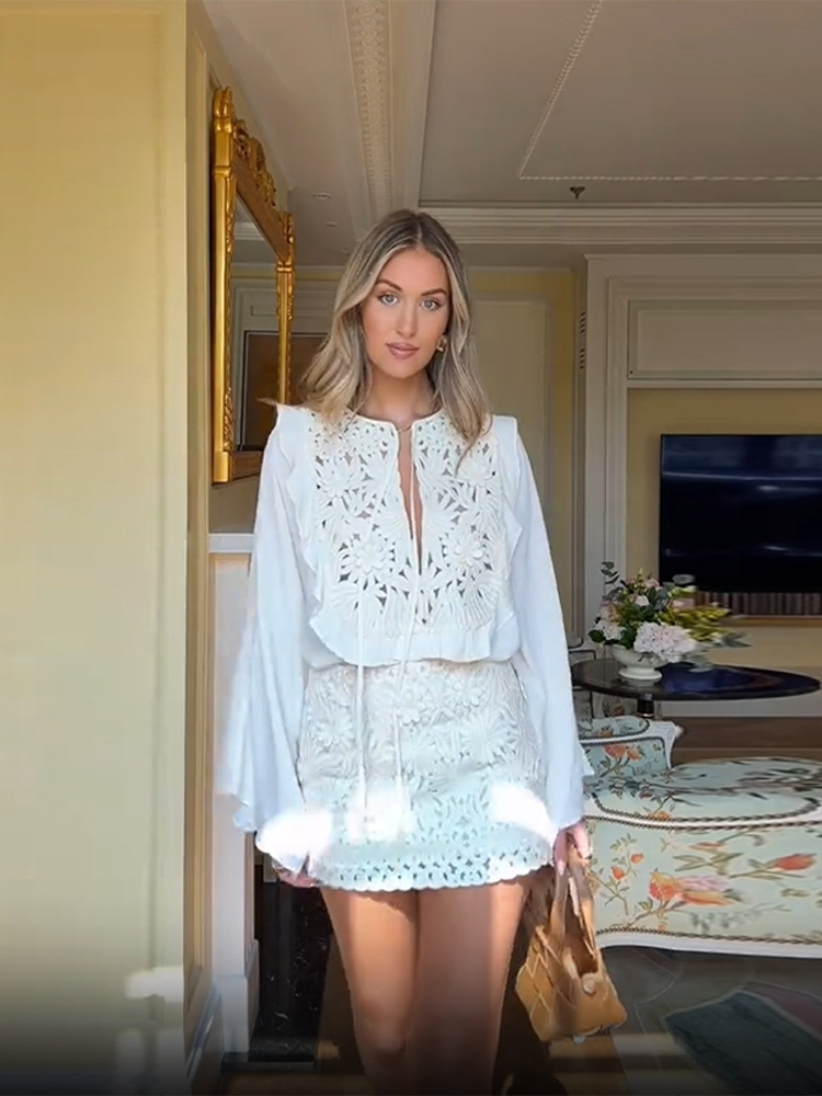 Sommer lässig Aushöhlen Applikationen Spitzen Felsen setzt Oansatz Langarm Spitze hoch Blusen Mini Felsen 2025 Neue Dame Outfits 2 stück