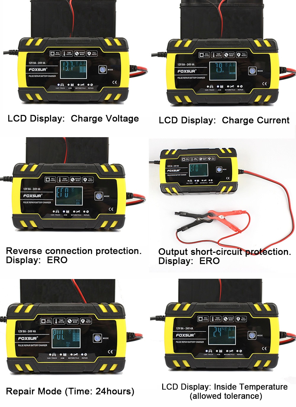 Car Battery Charging Units Jump Starter Wire Automatic Car Battery Charger 100V-240V To 12V-8A/24V-4A Car Charger HD LCD Display