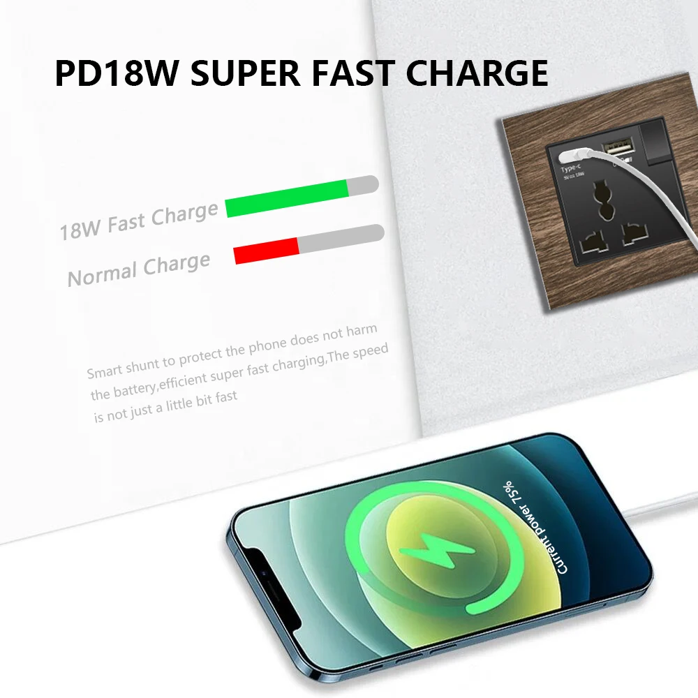 Interrupteur d'éclairage mural rétro grain de bois, prise de courant murale rapide de Type C 18W 220V, prise électrique européenne EU FR avec chargeur USB