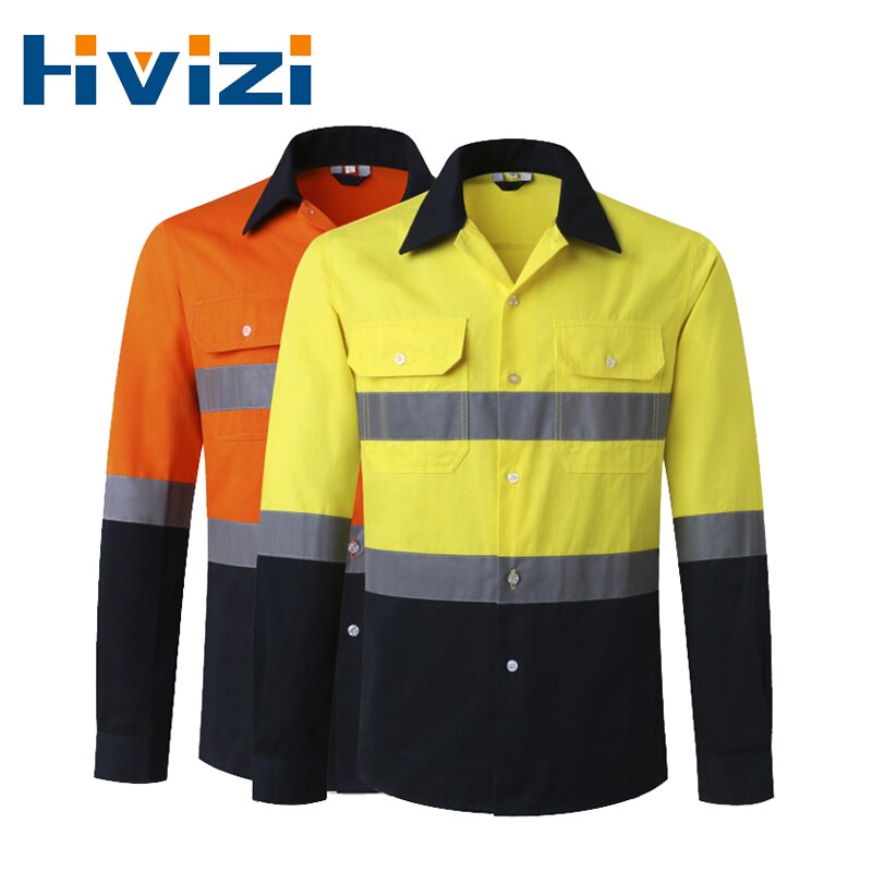 Mens Werk Shirt Lange Mouwen Veiligheid Werk Shirt Reflecterende Werkkleding 100% Katoen Oranje Navy Veiligheid Shirts Met Reflecterende Streep