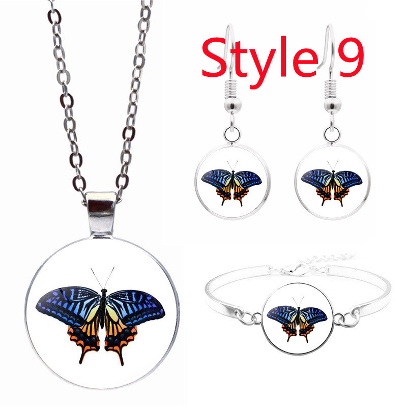 Tegel Sieraden Vlinder Glas Cabochon Ketting Stud Oorbellen Armband Set Totally 4Pcs Boom Celestial Vrouwen Sieraden Set: Style 9