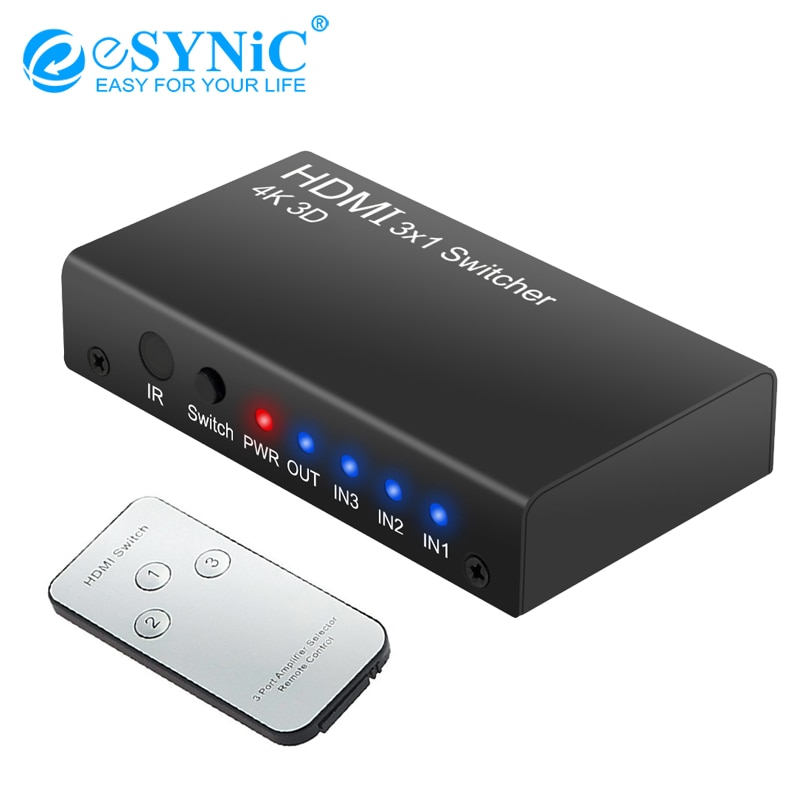 Esynic 3 Port Hdmi Switch Hdmi Hub 3 In 1 Out Met Ir Afstandsbediening Ondersteuning 4K 3D Hdmi Switcher voor Blu-Ray Dvd PS3 Laptop Projector