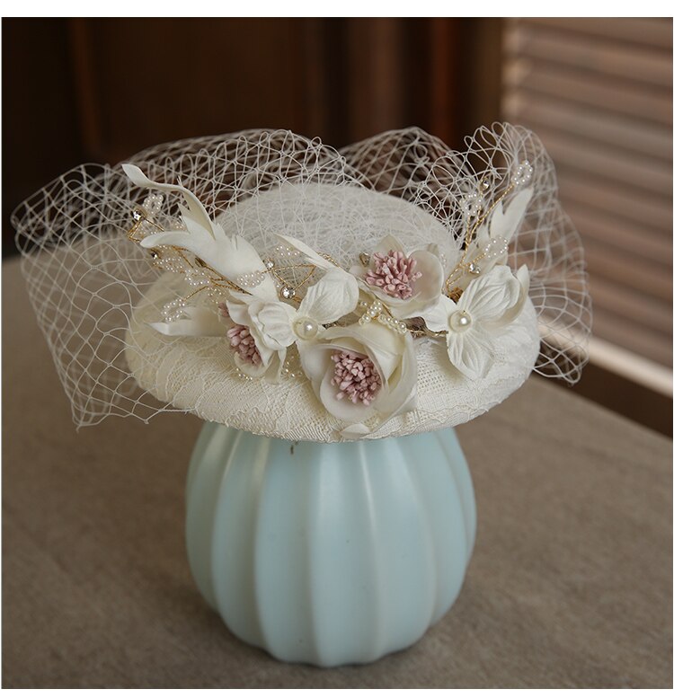 Chapeau de mariage pour femme, en lin Beige, Vintage, fait à la main, voile de visage avec peigne