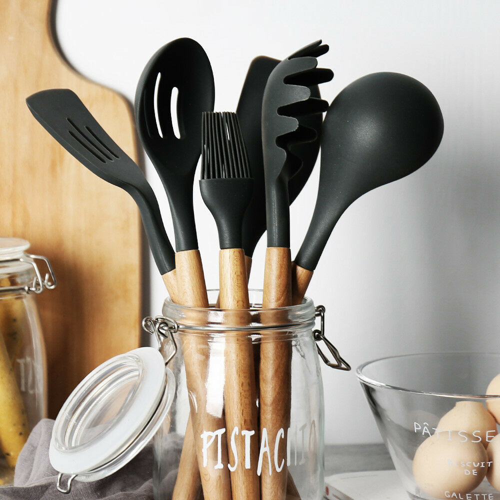 Multiple Style Wooden Handle Silicone Spatula Soup Spoon Fork Colander Shovel Cooking Utensils Kitchen Tool Suit Exquisite