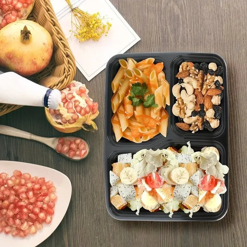 5/10 stuks zwarte wegwerp lunchboxen met twee of drie compartimenten, fastfoodverpakking met deksel, vershoudbox