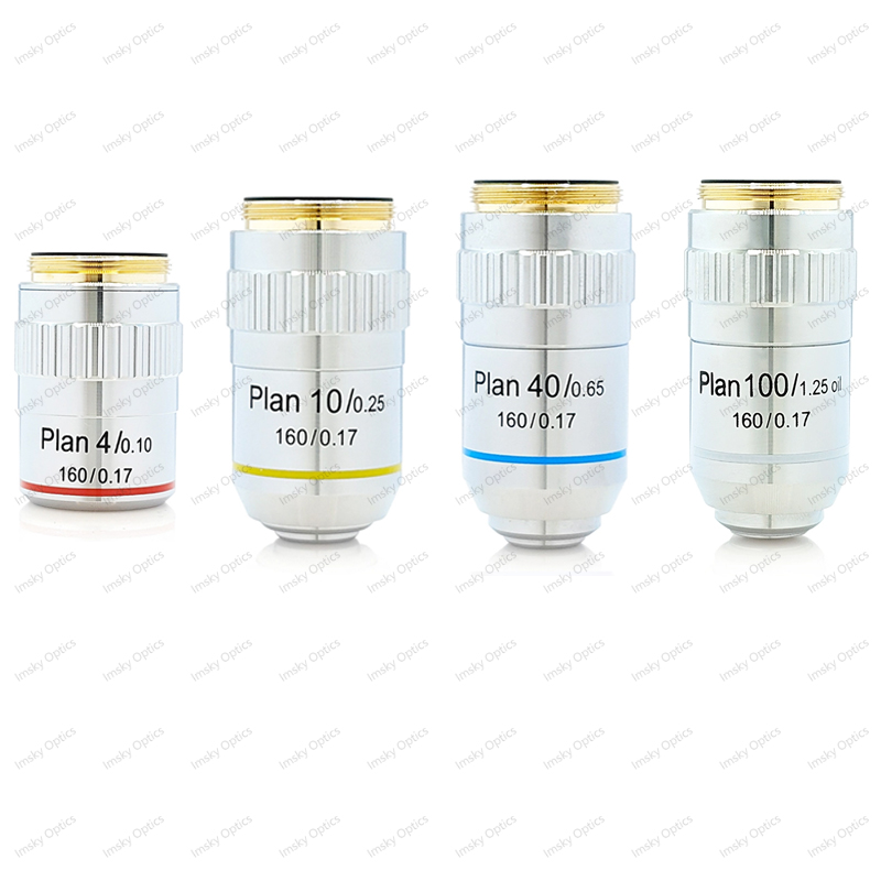 Lente objetivo acromática de Plan de microscopio 4X 10X 20X 40X 100X objetivos de microscopio metalúrgico biológico rosca de 20,2 RMS