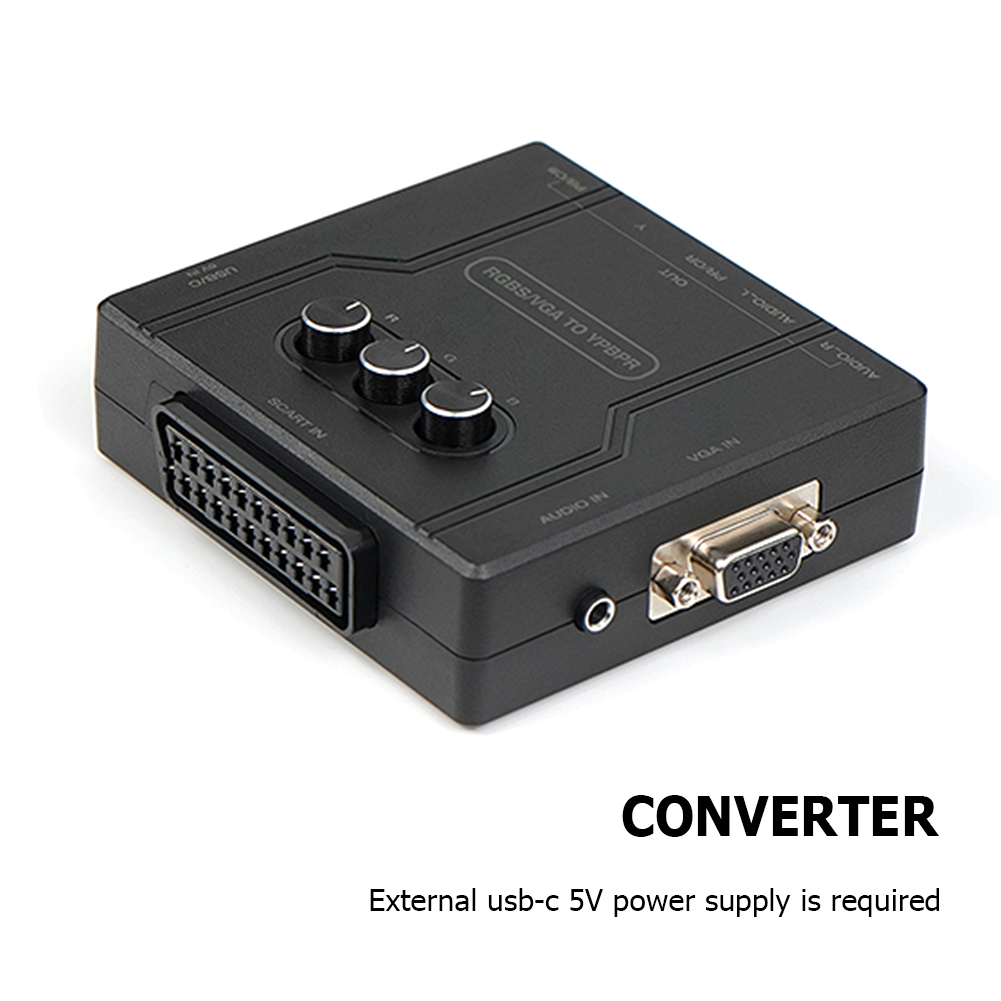 Convertidor RGBS VGA SCART a YPBPR, adaptador de vídeo RGBS VGA SCART a YPBPR, convertidor de transcodificador, brillo de Color ajustable