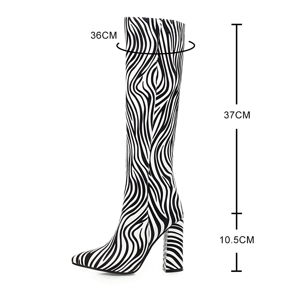 Brand Women Knee High Boots Zebra print Thigh boots High Heels Faux Leather Pointed Toe Autumn Winter Long boots Women's Shoes