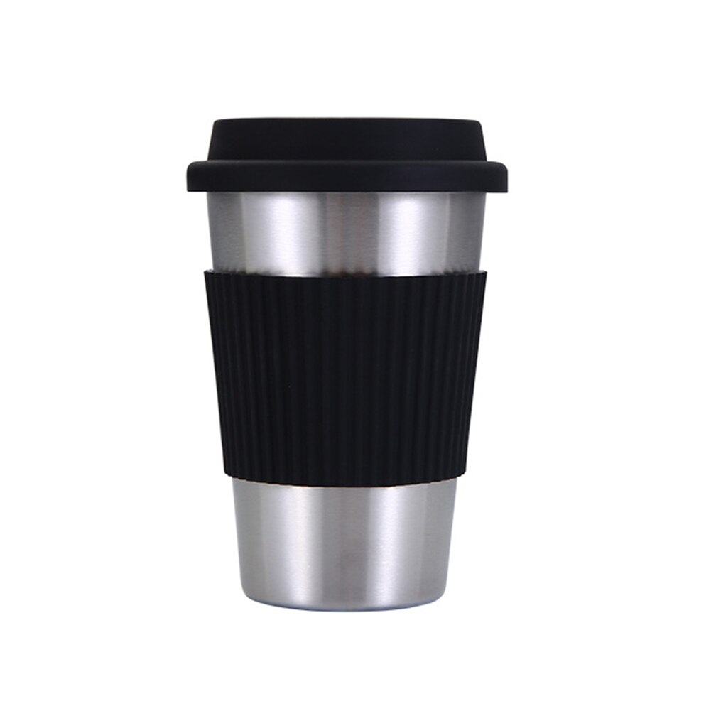 Copos de café de aço inoxidável de 500 ml com tampas de silicone antiderrapante luvas antiescaldante caso bebendo canecas de chá de água de cerveja: Black
