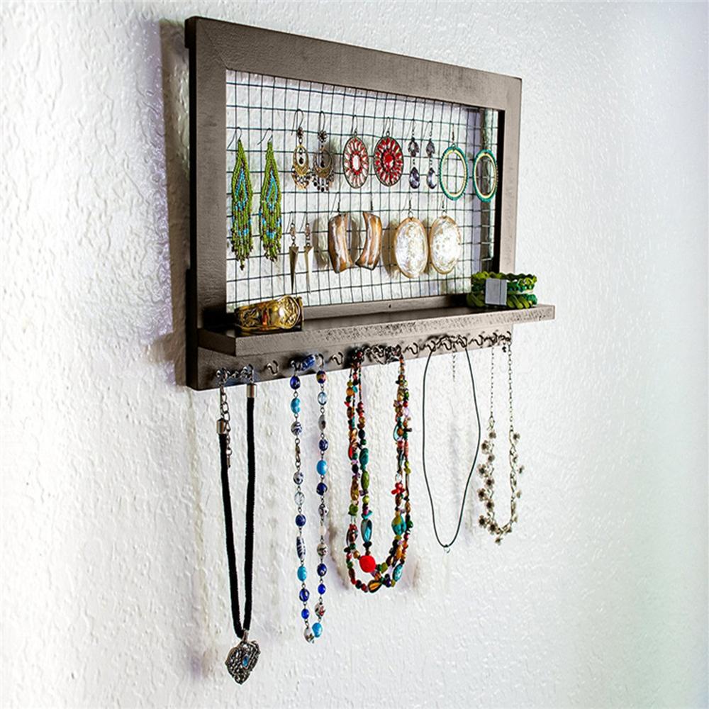 Organizador rústico de joyas de color marrón, soporte de madera montado en la pared para pendientes y collares, organización de accesorios de almacenamiento para el hogar