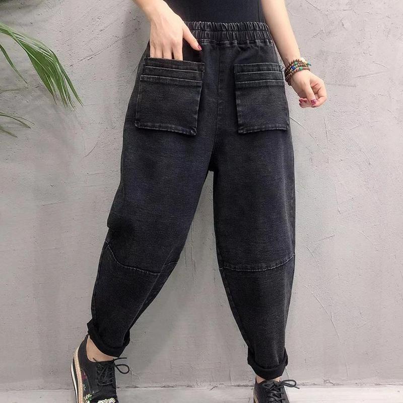 Pantalones vaqueros bombachos de algodón para mujer, pantalón informal, holgado, con cintura elástica y doble bolsillo, Vintage, color negro, Primavera, nueva coreana, S609: M