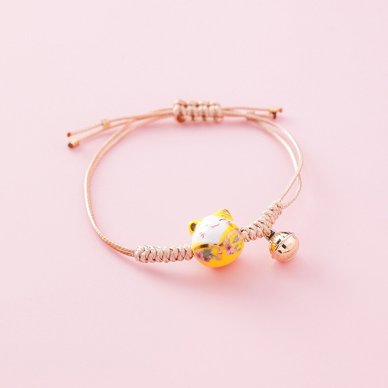 Doreen-pulsera de cuerda de gato de cerámica Kawaii para mujer, brazalete sencillo tejido a mano, cuentas de borla, joyería de de estilo japonés: Big Cat-Khaki