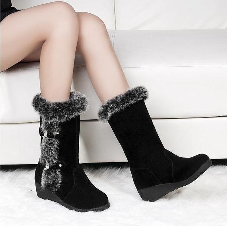 Vinter mid boots varmare plysch dam platta skor solid fuskpäls skor flickor långa stövlar kvinnliga snökängor kvinna