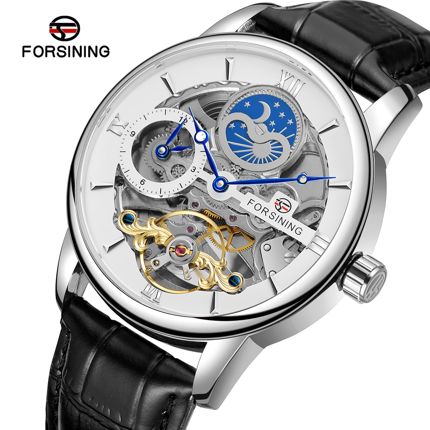 Forsining Klassieke Mode Maanfase Mechanische Horloges Automatische Tourbillon Heren Lederen Horloge Relogio Masculino