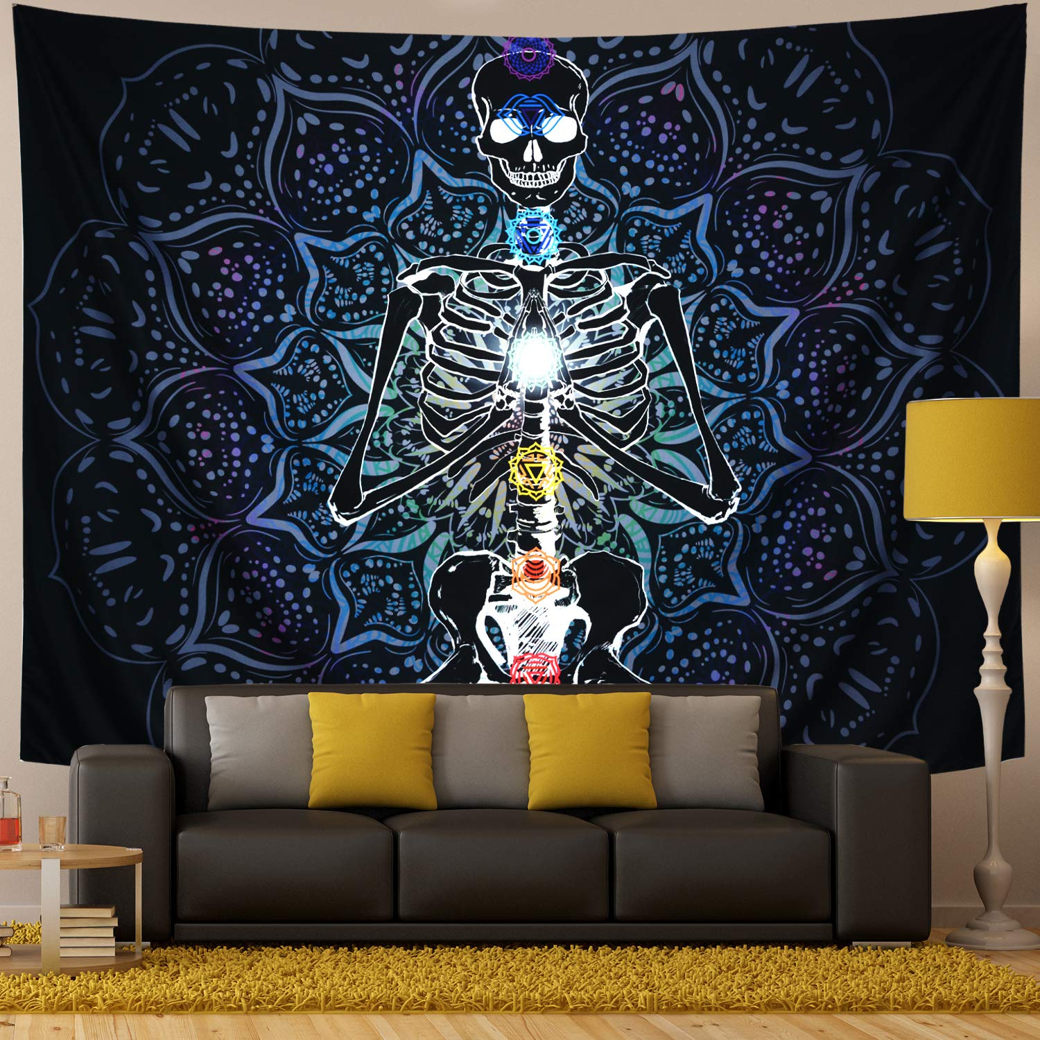 Siedem czakry czarna medytacja szkielet gobelin Mandala czaszka ściana wisząca